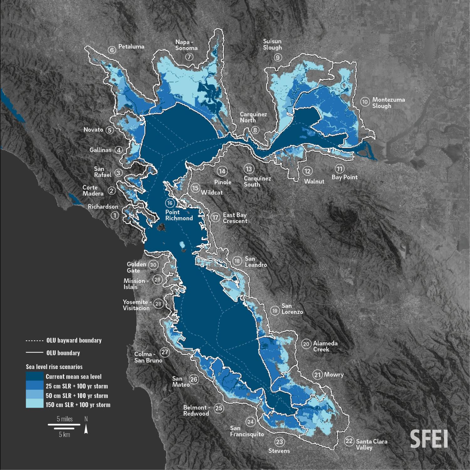 Map of sea level rise in San Francisco Bay overlaid with operational landscape unit boundaries.