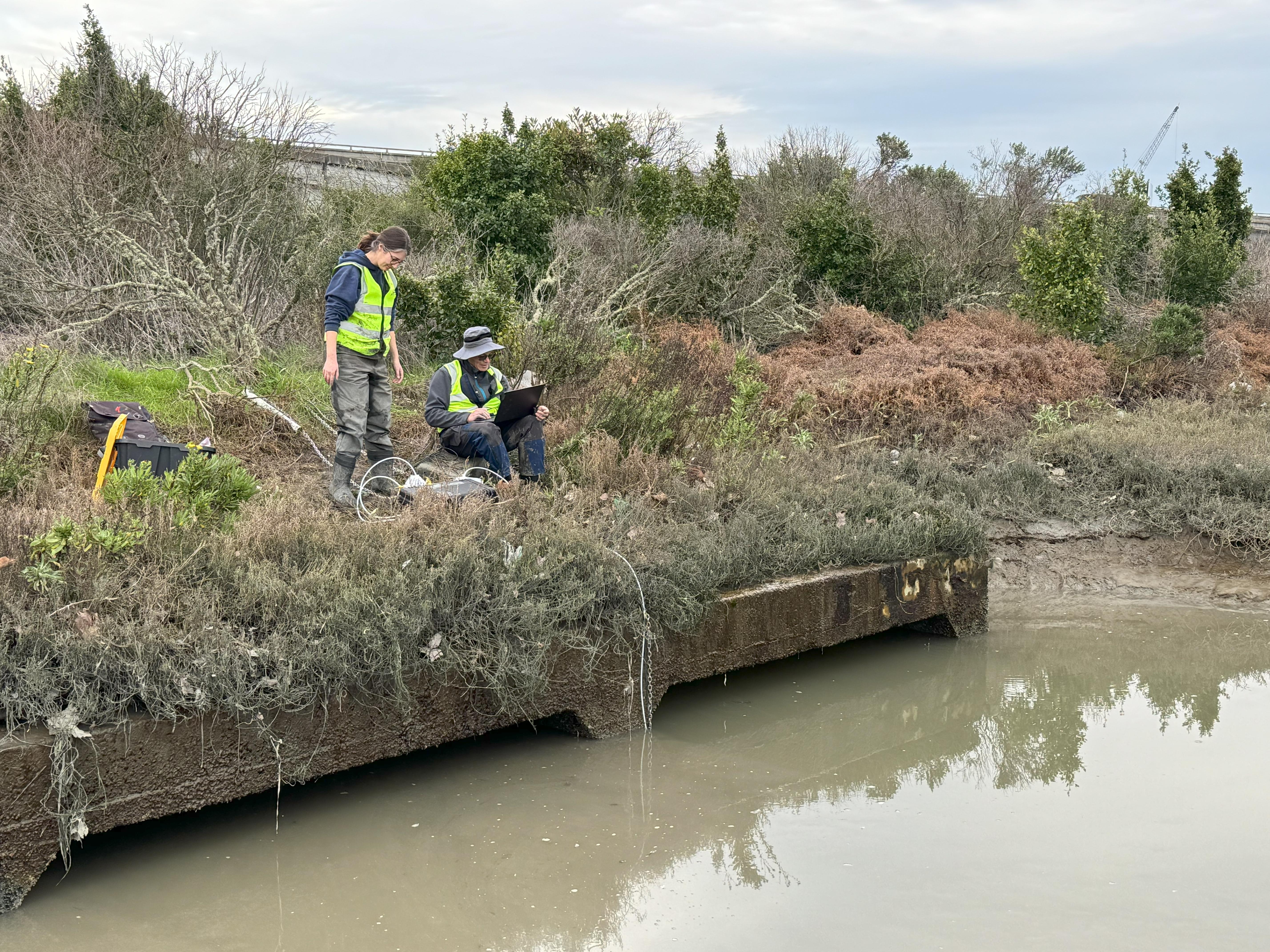 People sampling sediment