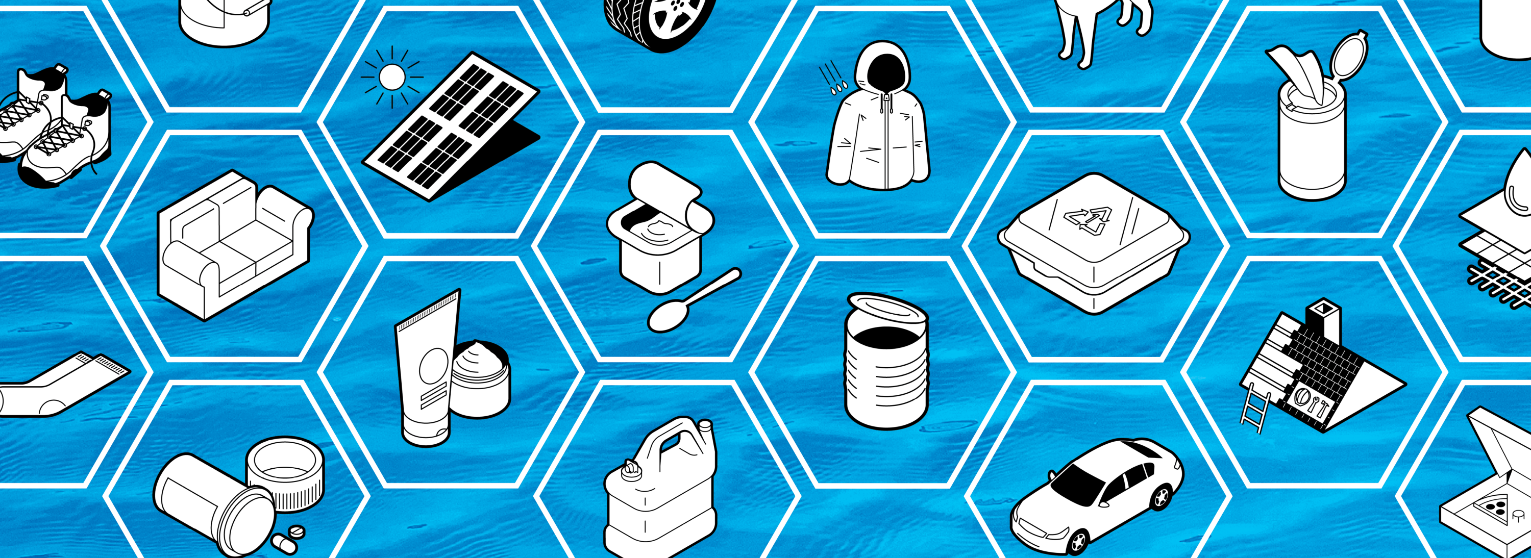 Icons of assorted everyday items in black and white within blue hexagons
