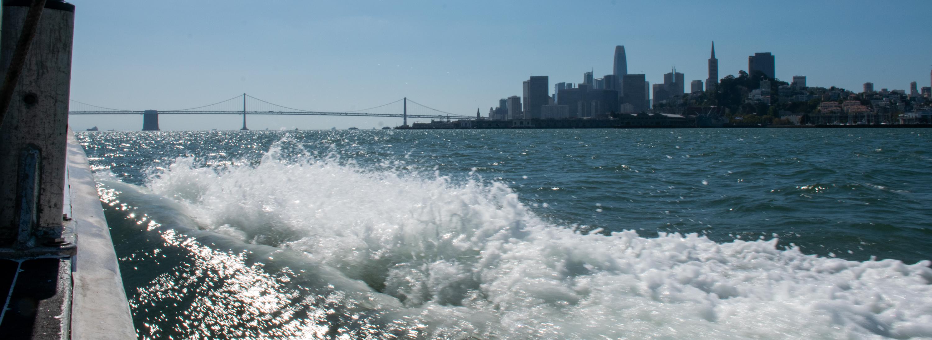 Bay bridge and San Francisco skyline from a boat