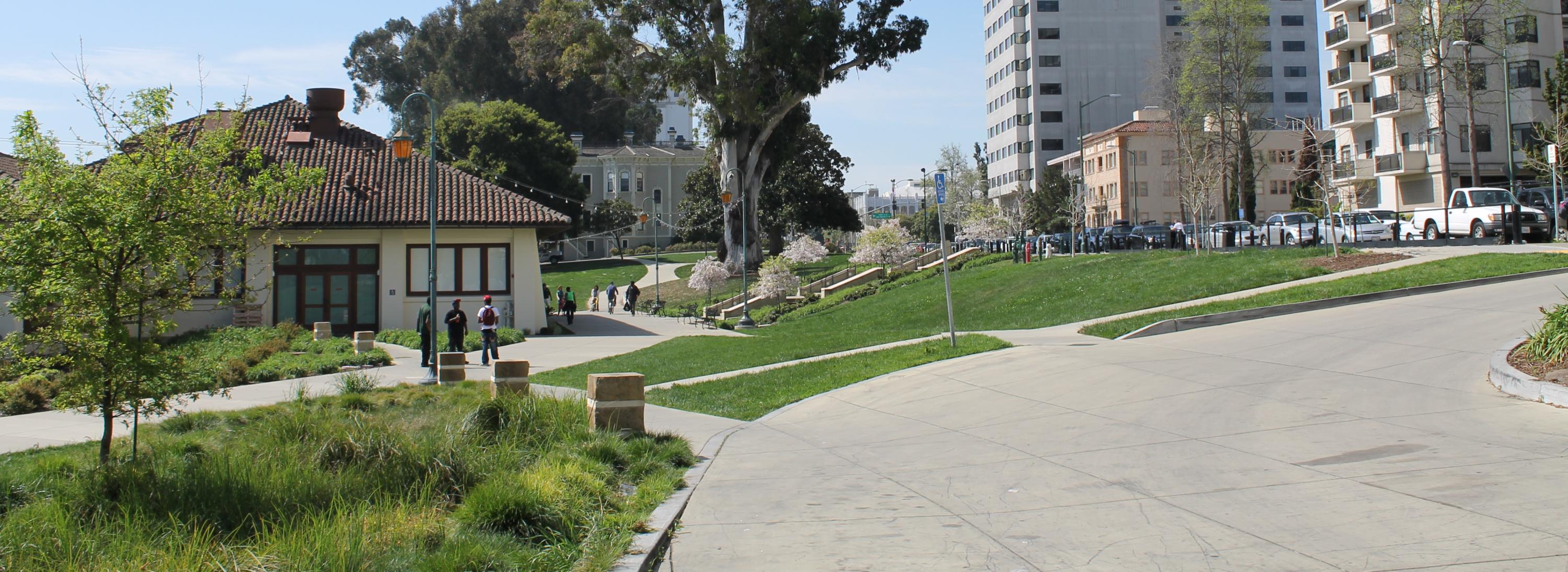 A paved pathway cute through a park. Large urban buildings in the background.