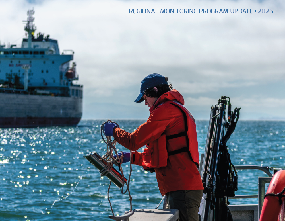 2025 RMP Update cover showing scientist in red jacket holding sampler bailer and rope over side of boat on a sunny day