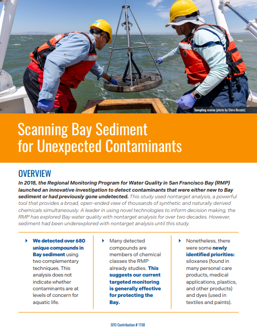 Photo of two scientists in hard hats, life vests, and gloves on a boat above title "Scanning Bay Sediment for Unexpected Contaminants"