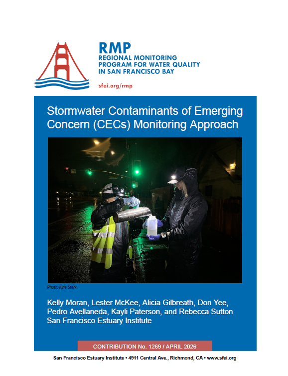 Stormwater Contaminants of Emerging Concern (CECs) Monitoring Approach report cover with scientists in rain gear pouring a sample into a bottle outdoors at night