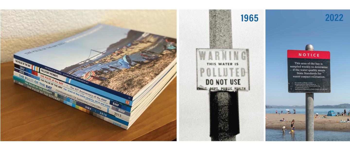 Stack of reports and a historic and modern photograph of water quality signs compared side-by-side