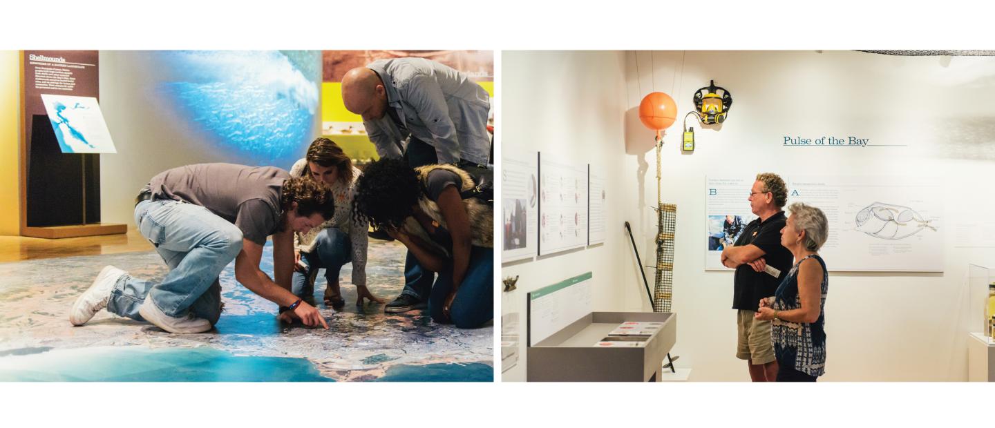 Photos of people looking at museum displays