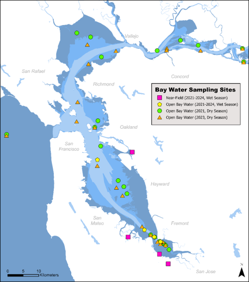 Bay water sampling sites map across the Bay Area, color coded by four different sampling years and seasons