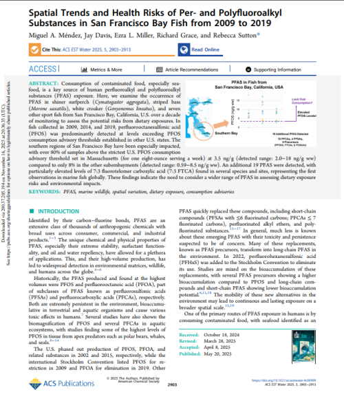 First page of journal publication, "Spatial Trends and Health Risks of Per- and Polyfluoroalkyl Substances in San Francisco Bay Fish from 2009 to 2019."