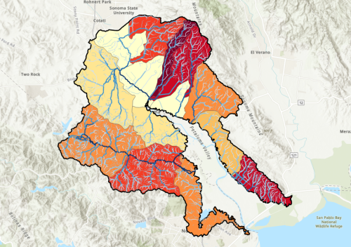Petaluma River watershed with mapped streams and subcatchments