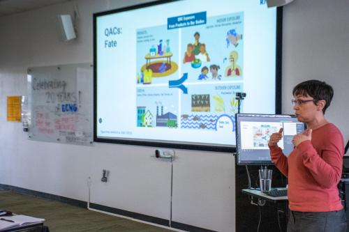 Rebecca Sutton presents a slide titled "QACs Fate" at an Emerging Contaminants Workgroup meeting