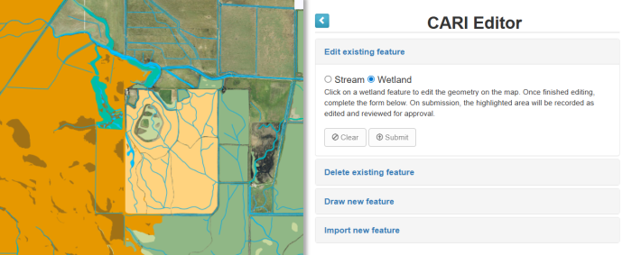 Map showing an example area of habitat types as mapped by the California Aquatic Resources Inventory, with the CARI Editor tool menu visible.