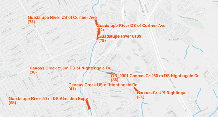 EcoAtlas map showing a portion of the Guadalupe River in San Jose with existing CRAM assessment polygons, names, and Index Scores.