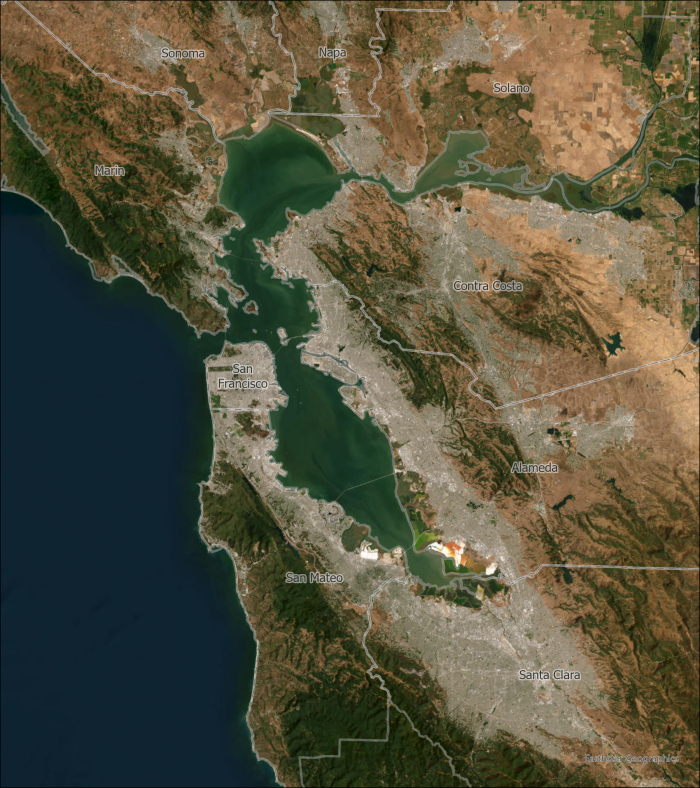An aerial view of the Bay Area with the urban areas highlighted.