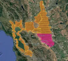 Color coded map of Bay Area and Sacramento Delta with LiDAR
