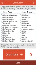 Tally count screen in tobacco product waste app