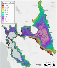 Color coded elevation map of San Francisco Baylands and Sacramento-San Joaquin Delta. Courtesy Michelle Stern, Delta Stewardship Council