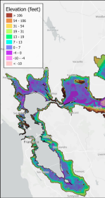 Color coded elevation map of San Francisco Baylands and Sacramento-San Joaquin Delta. Courtesy Michelle Stern, Delta Stewardship Council.