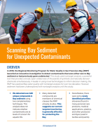 Photo of two scientists in hard hats, life vests, and gloves on a boat above title "Scanning Bay Sediment for Unexpected Contaminants"
