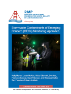 Stormwater Contaminants of Emerging Concern (CECs) Monitoring Approach report cover with scientists in rain gear pouring a sample into a bottle outdoors at night