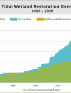 Colored graph showing tidal wetland restoration over time. Graphic includes WRMP logo.