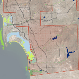 Map of San Diego County with CARI, Roads, and Species Range polygons over light aerial imagery.