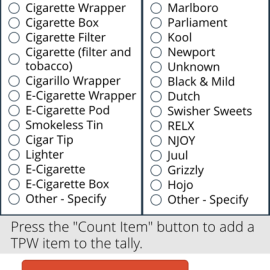 Tally count screen in tobacco product waste app