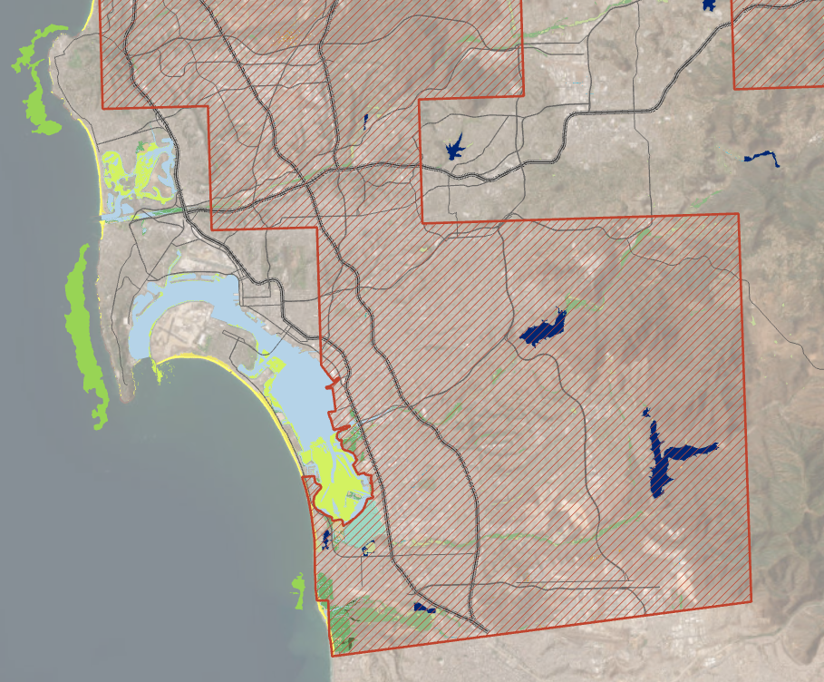 Map of San Diego County with CARI, Roads, and Species Range polygons over light aerial imagery.