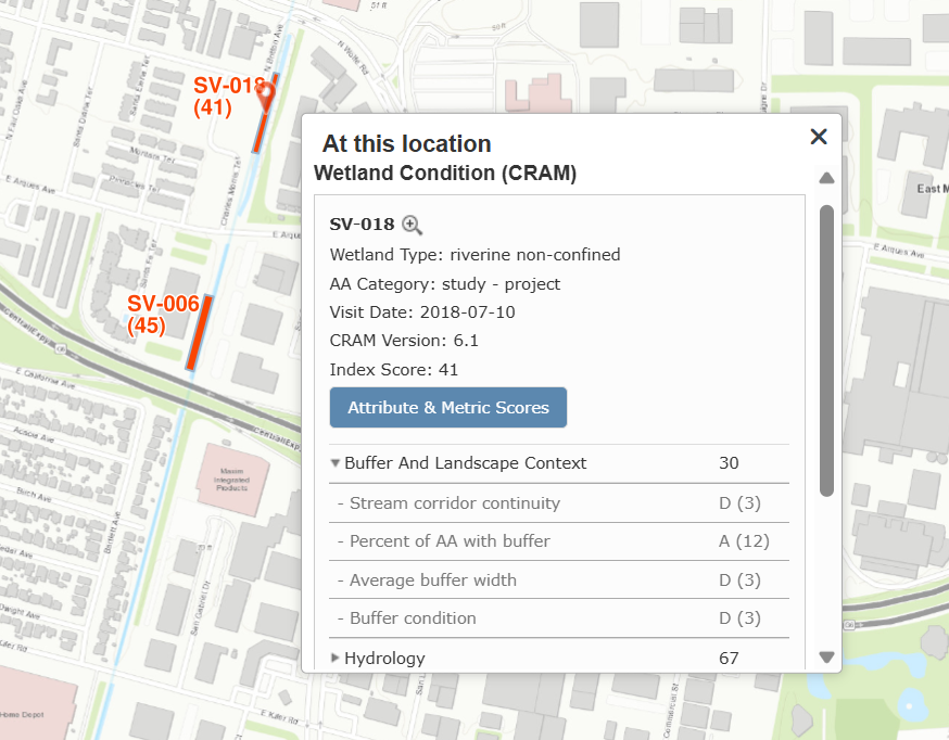 EcoAtlas map showing an area in Sunnyvale, with Sunnyvale East Creek and two CRAM assessment areas showing. Each assessment area is named, and shows its CRAM Overall Index score. A pop-up box shows more information about one of the two assessment areas.