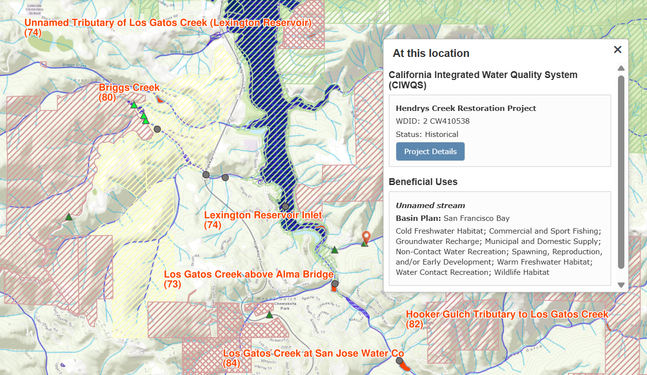EcoAtlas map showing an area of Lexington Reservoir with layers showing the California Aquatic Resource Inventory, Protected Areas, Conservation Easements, California Rapid Assessment Method assessments, CEDEN Water Quality, CIWQS Projects and Water Board Beneficial Uses. The legend highlights the Hendrys Creek Restoration Project and the Beneficial Uses for Hendrys Creek.