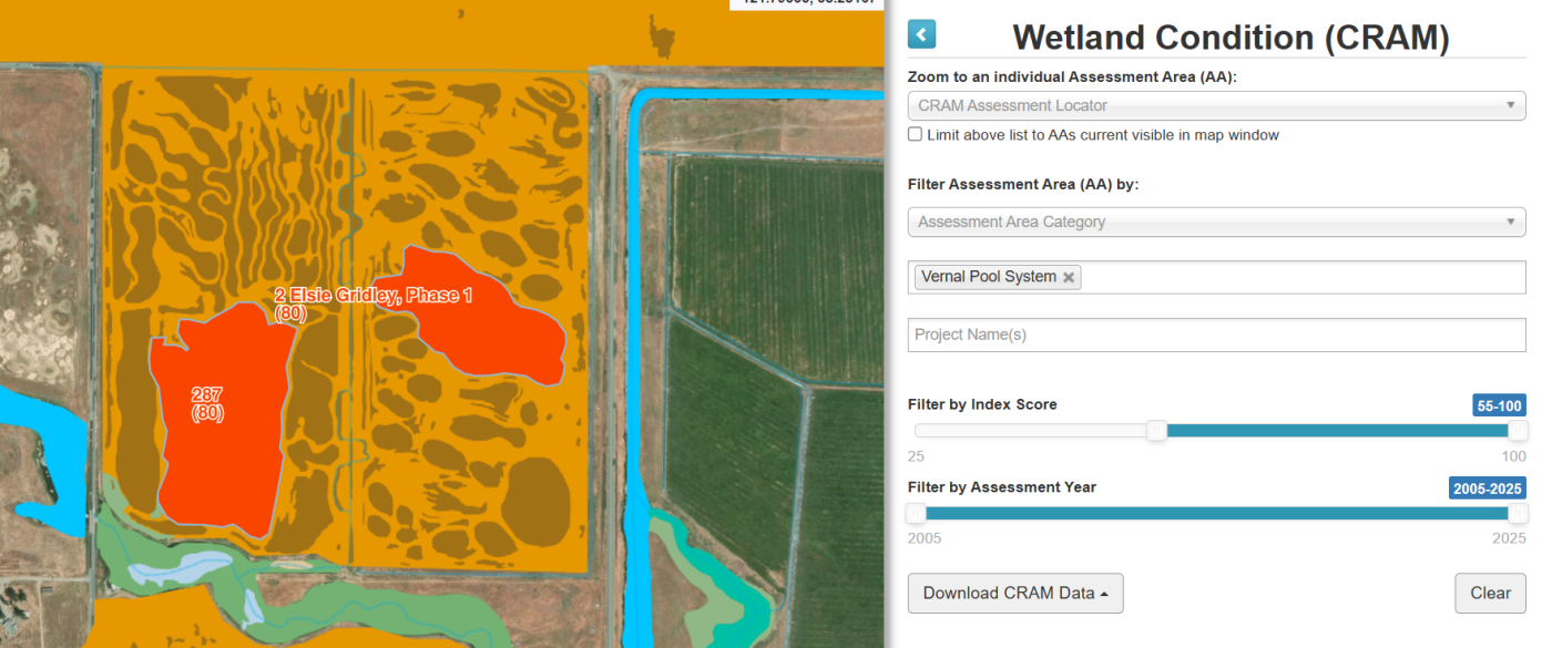 EcoAtlas map showing an area of vernal pools in California's Central Valley, with two California Rapid Assessment Method assessments visible. The Wetland Condition Tool is visible on the right, illustrating the ability to filter by wetland type, Index Score, or Assessment Year.