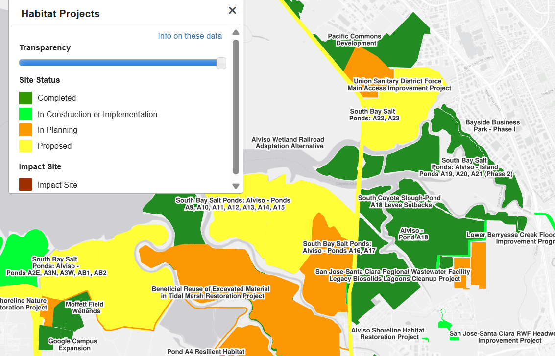 Map from EcoAtlas showing the Project Tracker Habitat Projects layer for an area in Lower San Francisco Bay.