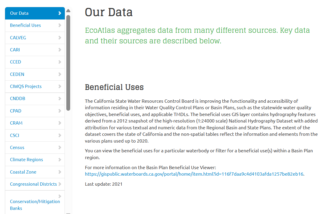 Portion of the EcoAtlas Data page showing the list of available datasets and additional information for each.