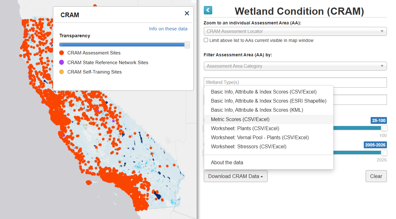 The Wetland Condition (CRAM) tool menu within EcoAtlas showing the button to download CRAM data, and the choices of various data formats that are available.