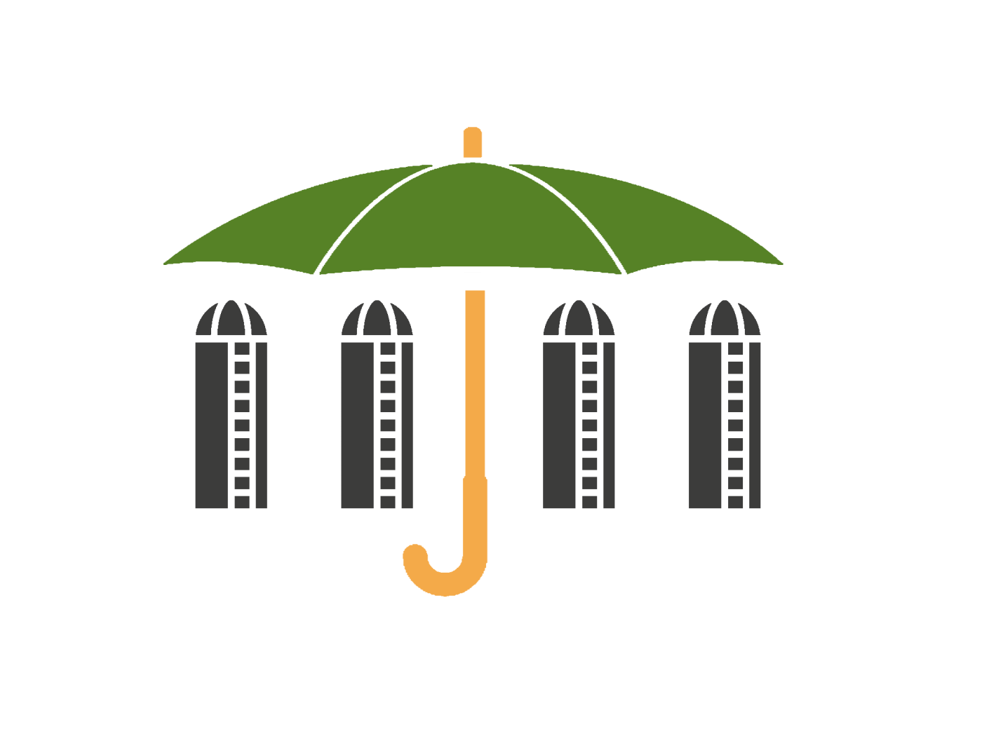 Four silo icons under a green umbrella icon.